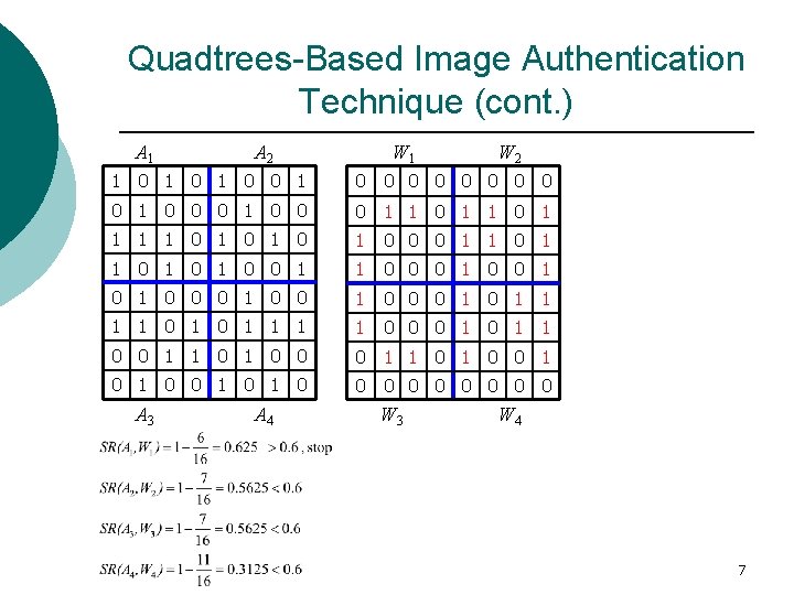 Quadtrees-Based Image Authentication Technique (cont. ) A 1 A 2 W 1 W 2