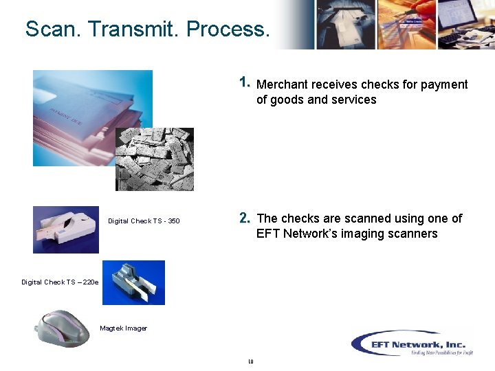 Scan. Transmit. Process. 1. Merchant receives checks for payment of goods and services Digital