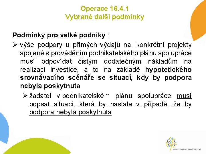 Operace 16. 4. 1 Vybrané další podmínky Podmínky pro velké podniky : Ø výše