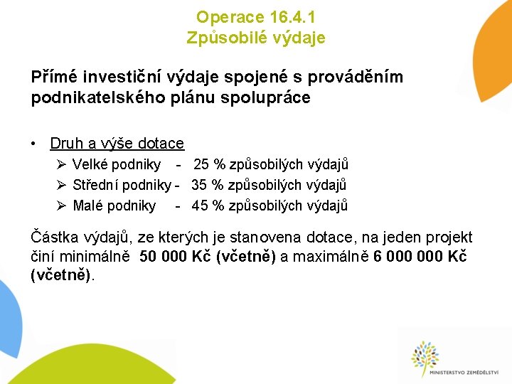 Operace 16. 4. 1 Způsobilé výdaje Přímé investiční výdaje spojené s prováděním podnikatelského plánu