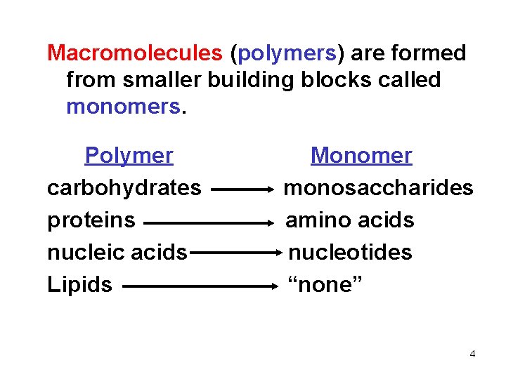 Macromolecules (polymers) are formed from smaller building blocks called monomers. Polymer carbohydrates proteins nucleic