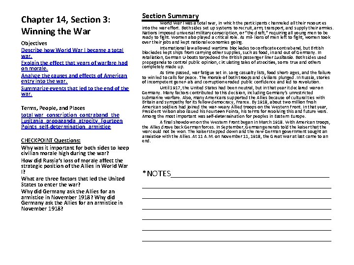Chapter 14 Section 1 The Great War Objectives