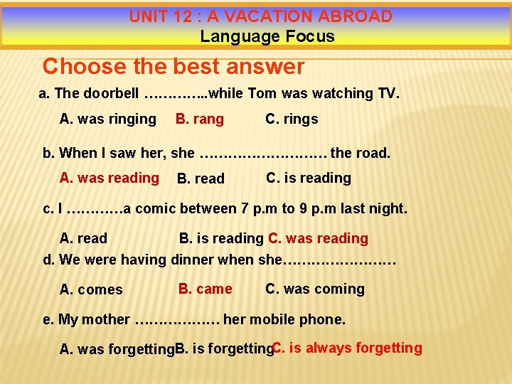 UNIT 12 : A VACATION ABROAD Language Focus Choose the best answer a. The