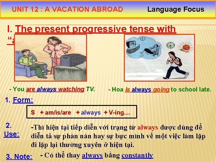 UNIT 12 : A VACATION ABROAD Language Focus I. The present progressive tense with