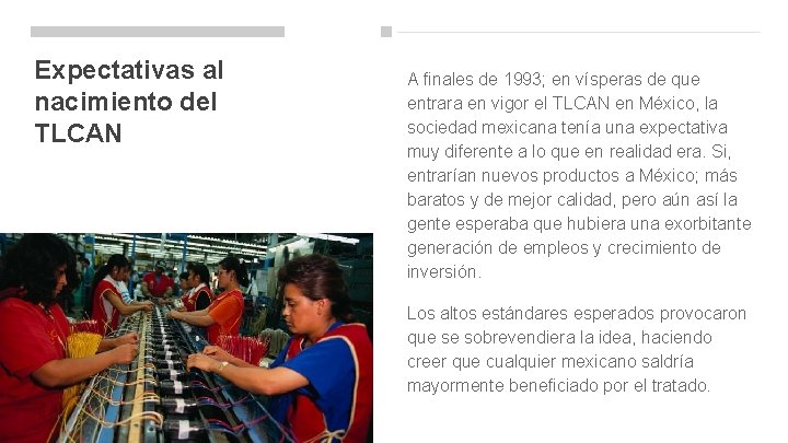 Expectativas al nacimiento del TLCAN A finales de 1993; en vísperas de que entrara