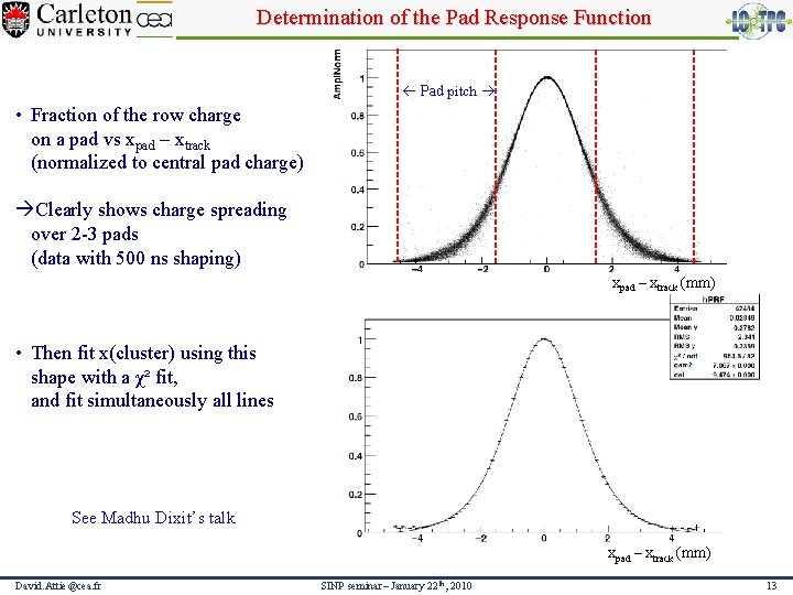 Determination of the Pad Response Function Pad pitch • Fraction of the row charge