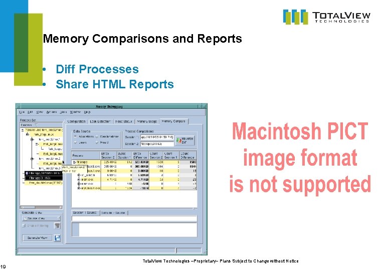 19 Memory Comparisons and Reports • Diff Processes • Share HTML Reports Total. View