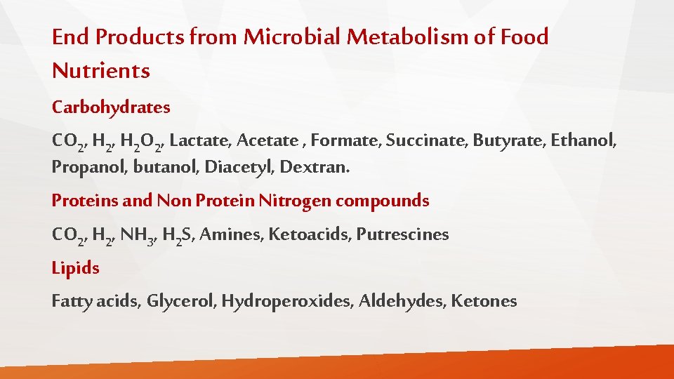 End Products from Microbial Metabolism of Food Nutrients Carbohydrates CO 2, H 2 O