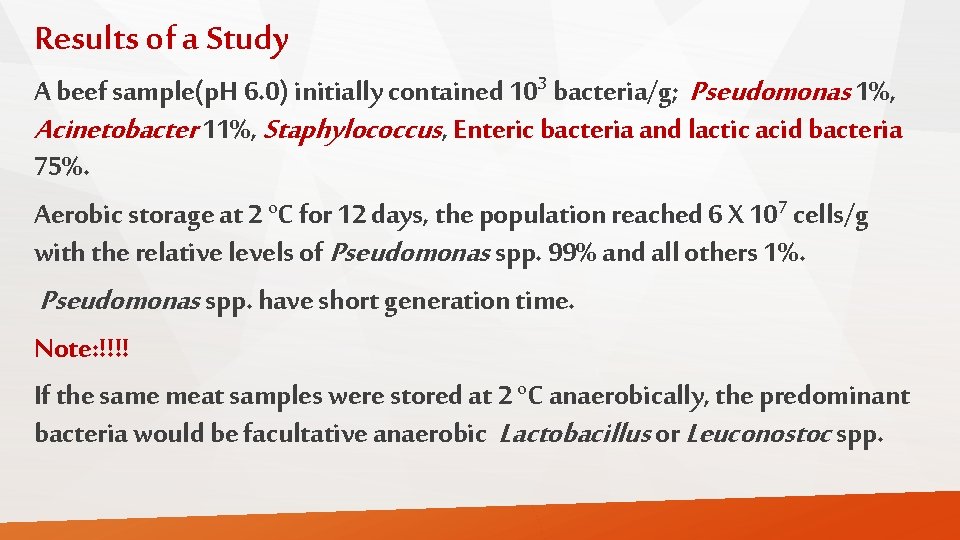 Results of a Study A beef sample(p. H 6. 0) initially contained 103 bacteria/g;