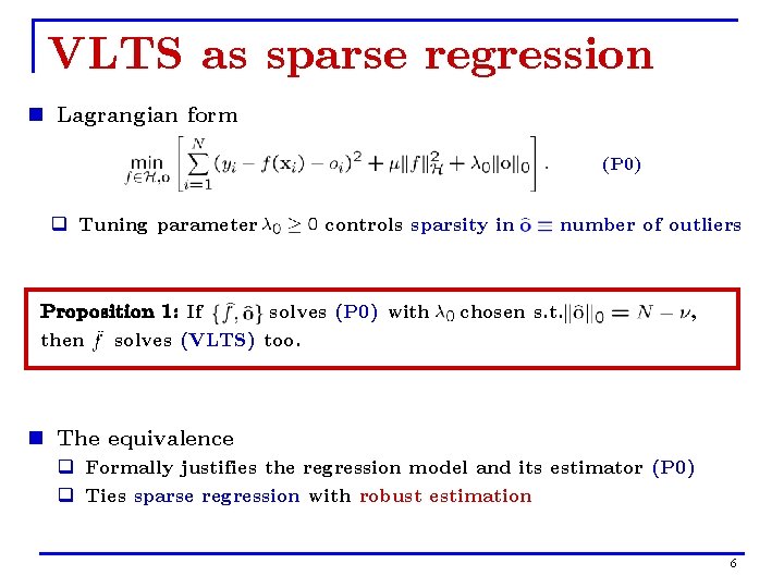 VLTS as sparse regression n Lagrangian form (P 0) q Tuning parameter controls sparsity