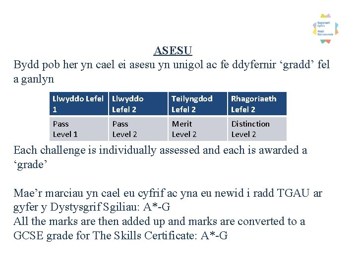 ASESU Bydd pob her yn cael ei asesu yn unigol ac fe ddyfernir ‘gradd’