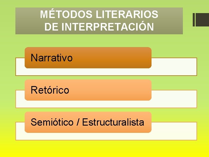 MÉTODOS LITERARIOS DE INTERPRETACIÓN Narrativo Retórico Semiótico / Estructuralista 