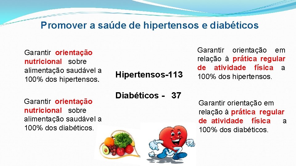 Promover a saúde de hipertensos e diabéticos Garantir orientação nutricional sobre alimentação saudável a