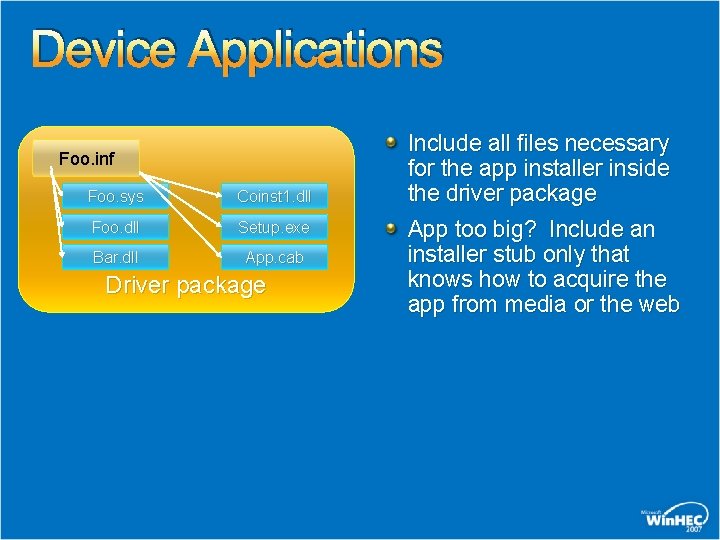 Device Applications Foo. inf Foo. sys Coinst 1. dll Foo. dll Setup. exe Bar.