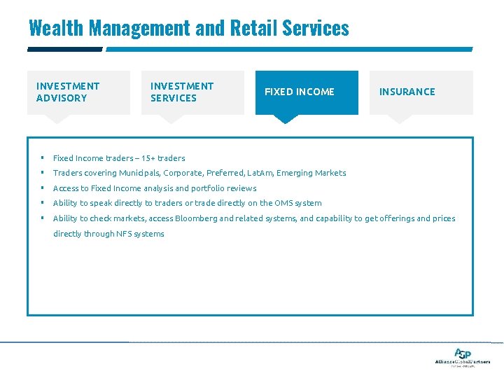 Wealth Management and Retail Services INVESTMENT ADVISORY INVESTMENT SERVICES FIXED INCOME INSURANCE § Fixed