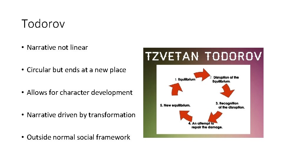 Todorov • Narrative not linear • Circular but ends at a new place •