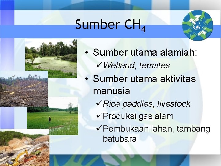 Sumber CH 4 • Sumber utama alamiah: üWetland, termites • Sumber utama aktivitas manusia