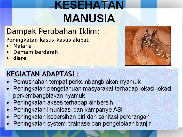 KESEHATAN MANUSIA Dampak Perubahan Iklim: Peningkatan kasus-kasus akibat Malaria Demam berdarah diare KEGIATAN ADAPTASI