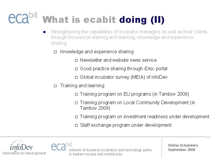 What is ecabit doing (II) n Strengthening the capabilities of incubator managers as well
