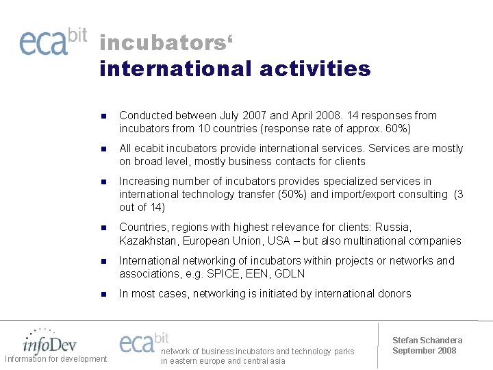 incubators‘ international activities n Conducted between July 2007 and April 2008. 14 responses from