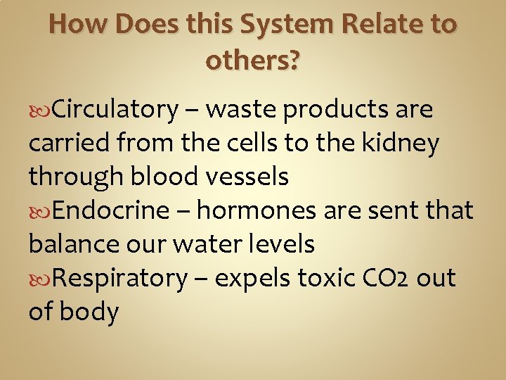 How Does this System Relate to others? Circulatory – waste products are carried from How Does this System Relate to others? Circulatory – waste products are carried from