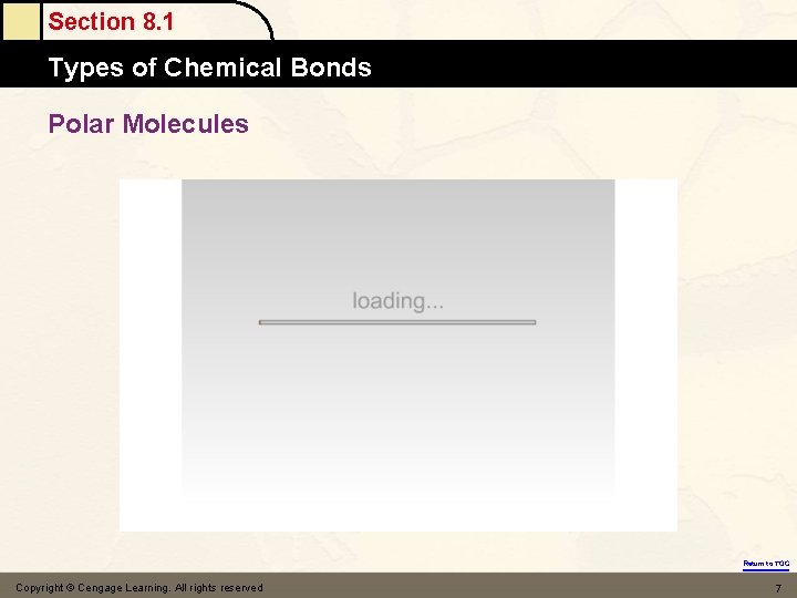 Section 8. 1 Types of Chemical Bonds Polar Molecules Return to TOC Copyright ©