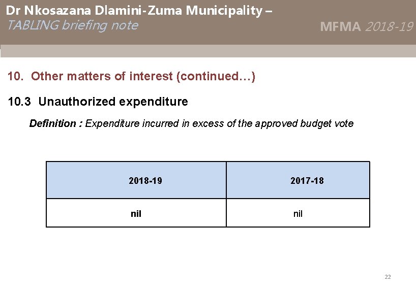 Dr Nkosazana Dlamini-Zuma Municipality – TABLING briefing note MFMA 2018 -19 10. Other matters