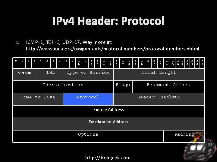 IPv 4 Header: Protocol ICMP=1, TCP=6, UDP=17. Way more at: http: //www. iana. org/assignments/protocol-numbers.