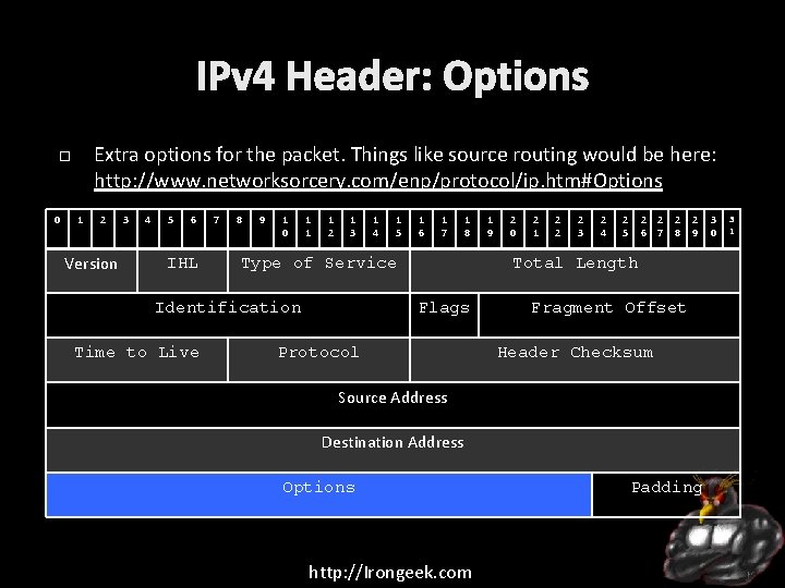 IPv 4 Header: Options Extra options for the packet. Things like source routing would