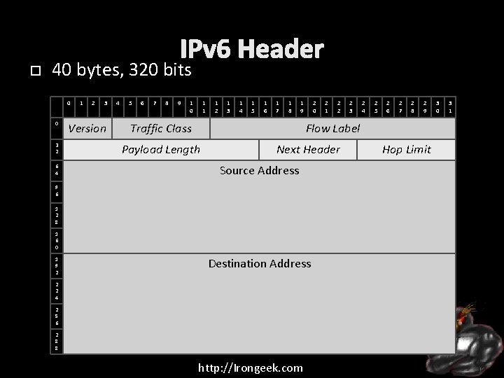  IPv 6 Header 40 bytes, 320 bits 0 0 3 2 6 4