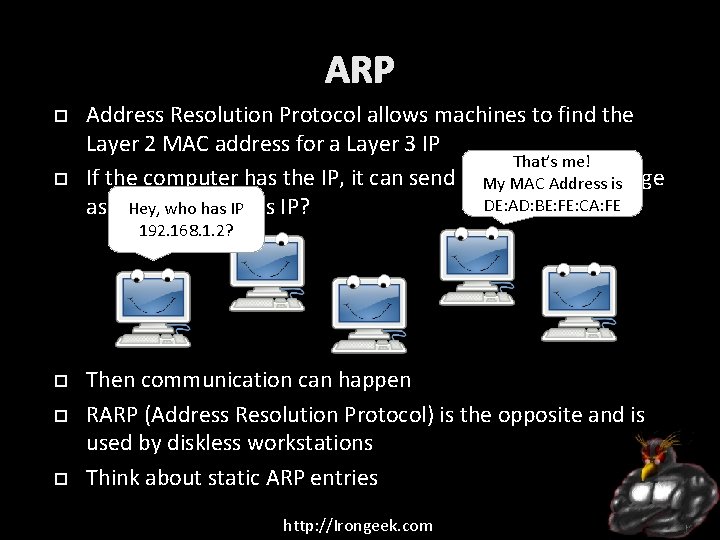 ARP Address Resolution Protocol allows machines to find the Layer 2 MAC address for