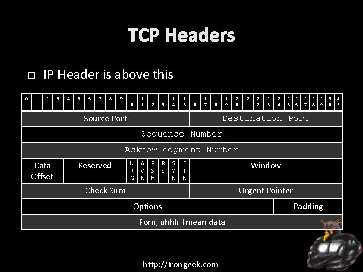 TCP Headers IP Header is above this 0 1 2 3 4 5 6