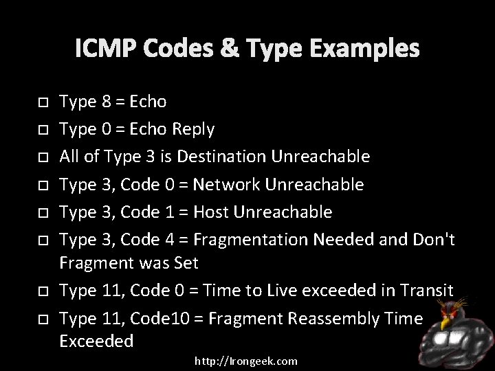 ICMP Codes & Type Examples Type 8 = Echo Type 0 = Echo Reply