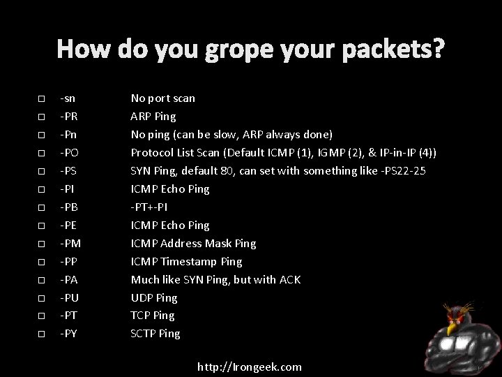 How do you grope your packets? -sn -PR -Pn -PO -PS -PI -PB -PE