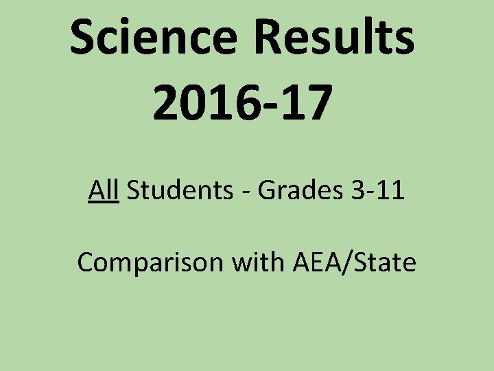 Science Results 2016 -17 All Students - Grades 3 -11 Comparison with AEA/State 