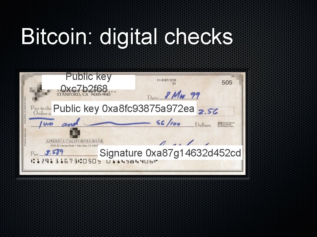 Bitcoin: digital checks Public key 0 xc 7 b 2 f 68. . .