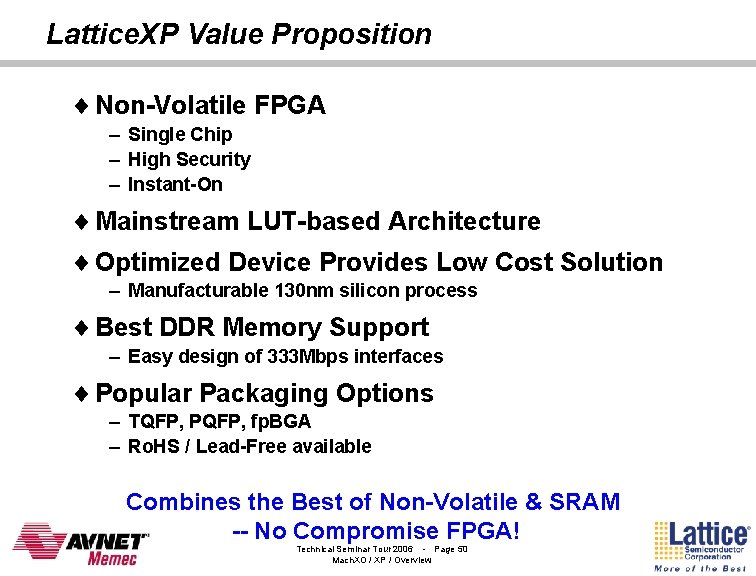 Lattice. XP Value Proposition ¨ Non-Volatile FPGA – Single Chip – High Security –