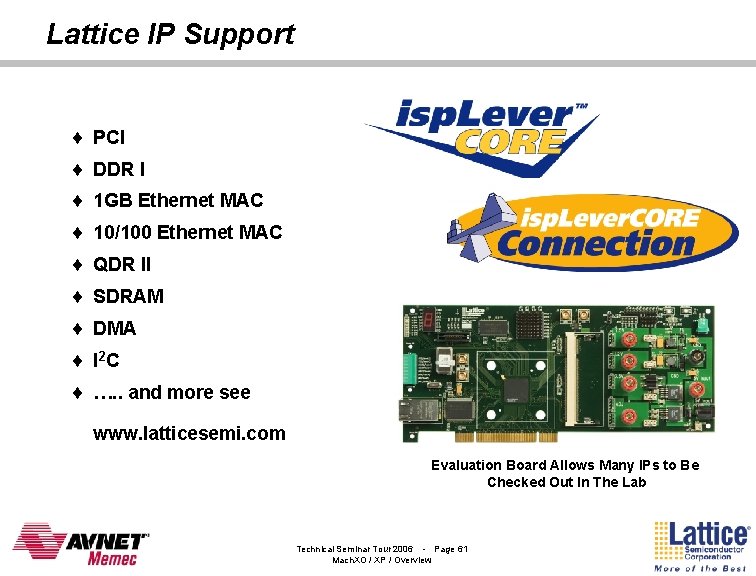 Lattice IP Support ¨ PCI ¨ DDR I ¨ 1 GB Ethernet MAC ¨