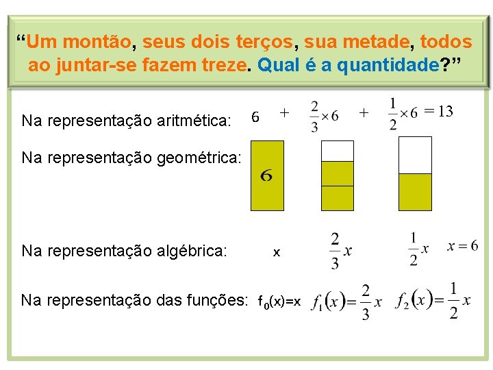 “Um montão, seus dois terços, sua metade, todos ao juntar-se fazem treze. Qual é