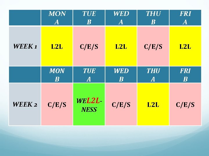 WEEK 1 WEEK 2 MON A TUE B WED A THU B FRI A WEEK 1 WEEK 2 MON A TUE B WED A THU B FRI A