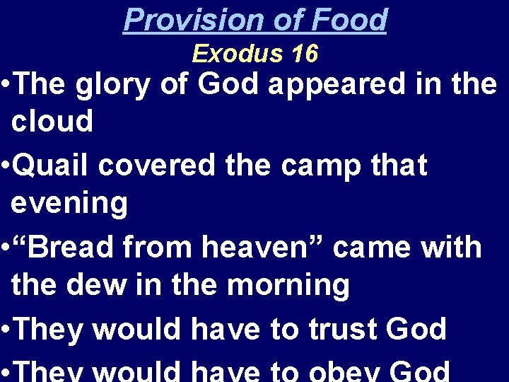 Provision of Food Exodus 16 • The glory of God appeared in the cloud