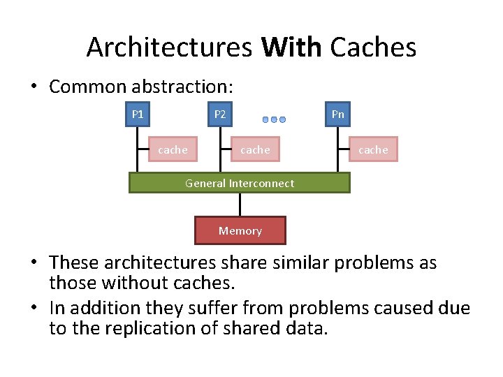 Architectures With Caches • Common abstraction: P 1 P 2 cache Pn cache General