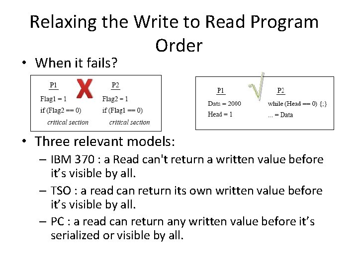 Relaxing the Write to Read Program Order • When it fails? X √ •