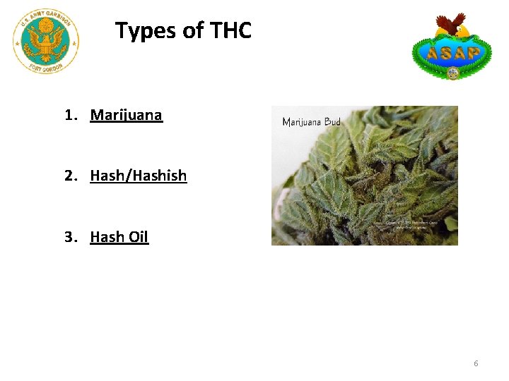 Types of THC 1. Marijuana 2. Hash/Hashish 3. Hash Oil 6 Types of THC 1. Marijuana 2. Hash/Hashish 3. Hash Oil 6
