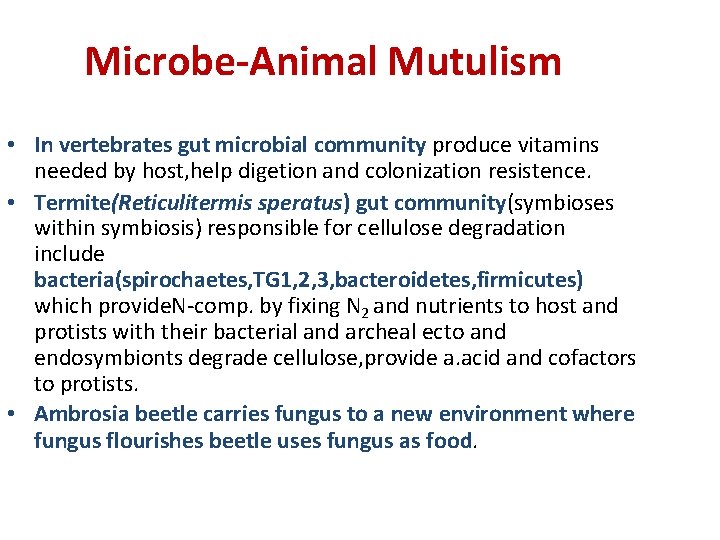 Microbe-Animal Mutulism • In vertebrates gut microbial community produce vitamins needed by host, help