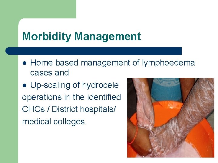 Morbidity Management Home based management of lymphoedema cases and l Up-scaling of hydrocele operations