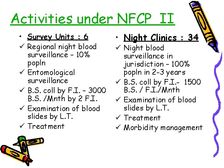 Activities under NFCP II • Survey Units : 6 ü Regional night blood surveillance