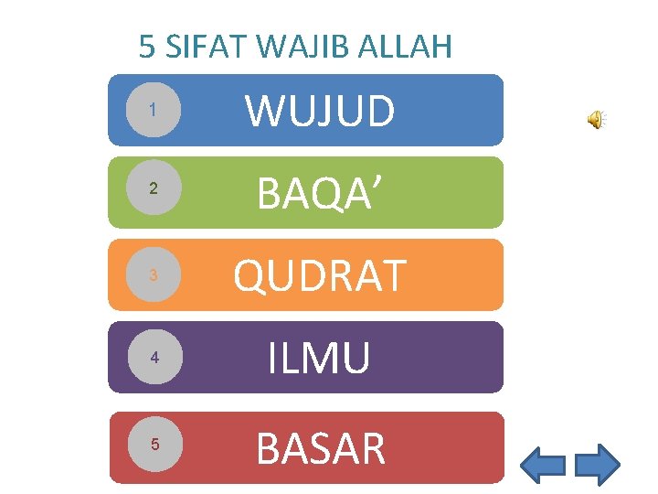 5 SIFAT WAJIB ALLAH 1 WUJUD 2 BAQA’ 3 QUDRAT 4 ILMU 5 BASAR