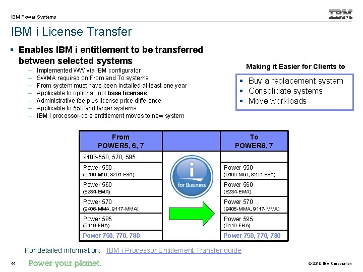 IBM Power Systems IBM i License Transfer § Enables IBM i entitlement to be