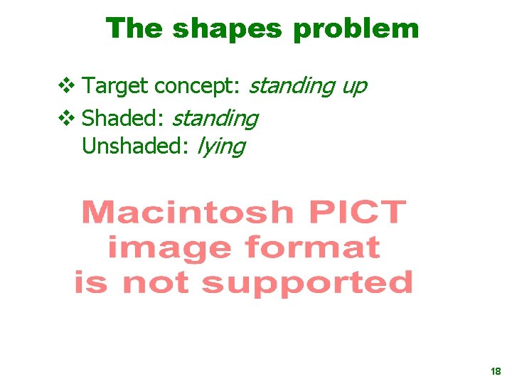 The shapes problem v Target concept: standing up v Shaded: standing Unshaded: lying 18